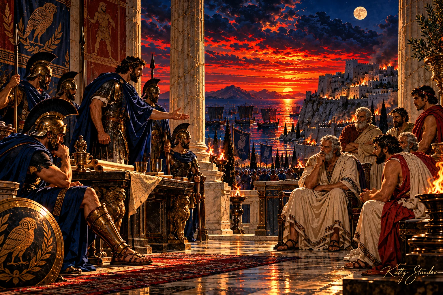 Armored envoys address seated elders in a marble hall overlooking ships and a fortified coastal city at sunset.