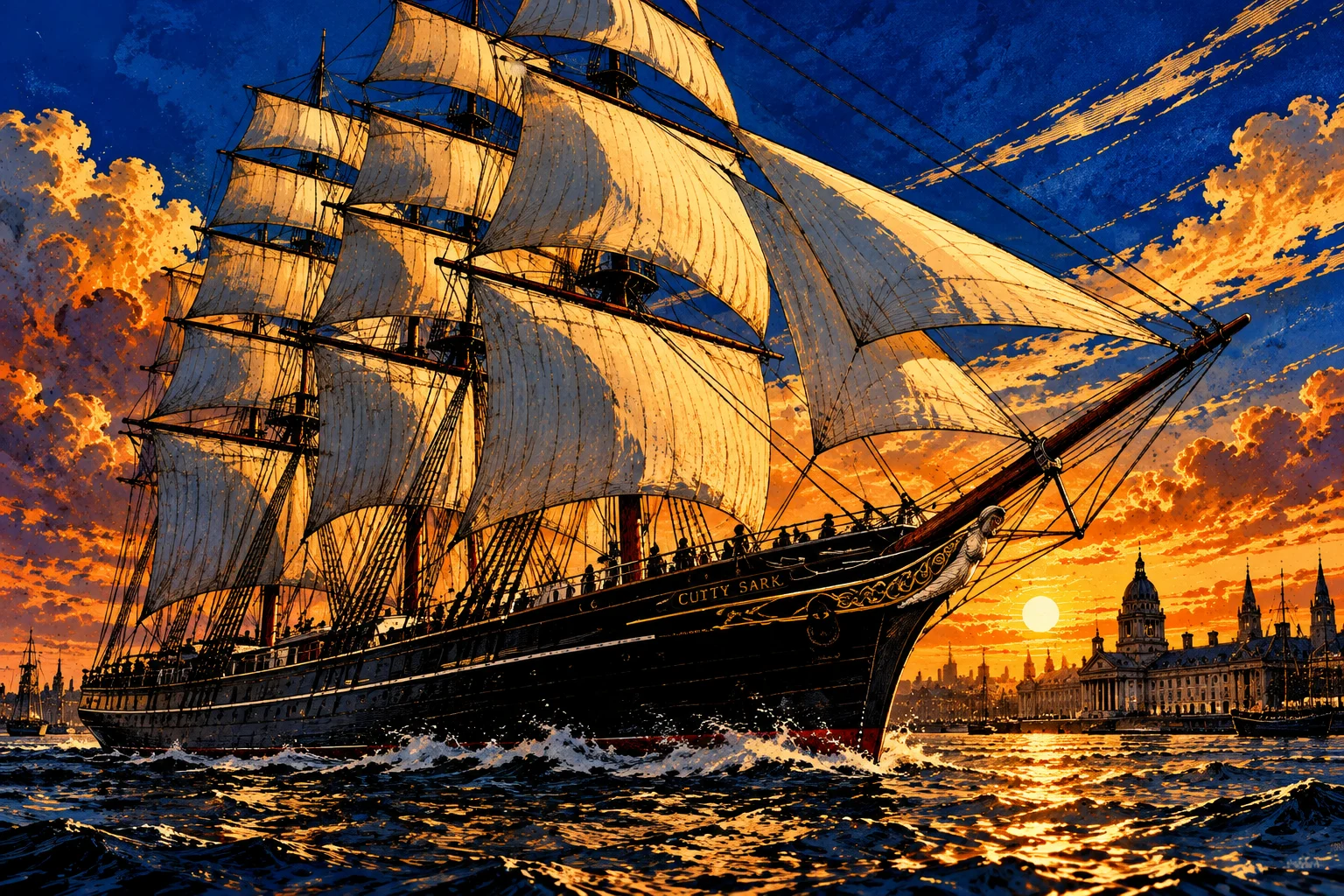 Cutty Sark under full sail on blue water, with golden sunlight illuminating the sails and waterfront at sunset.