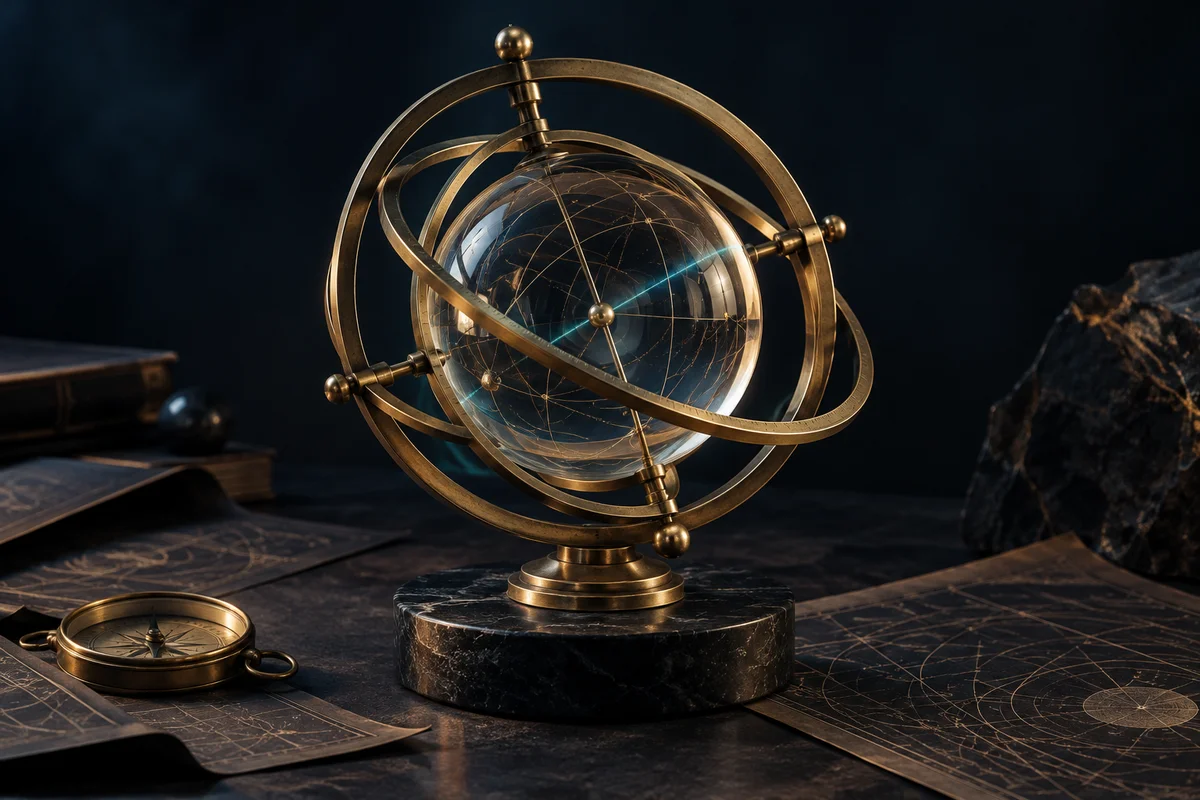 Brass armillary instrument surrounding a glass sphere with fine geometric arcs
