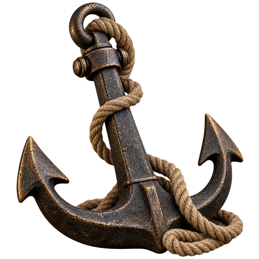 Three-dimensional illustration of a weathered iron anchor entwined with rope.