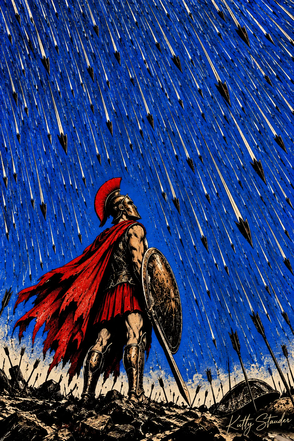 A warrior in a red cloak holds a round shield beneath a rain of arrows against a vivid blue sky.