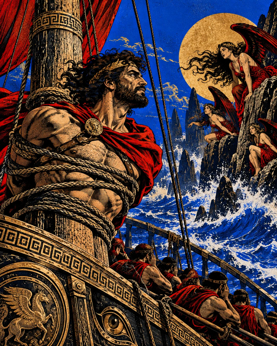Odysseus, wearing a red cloak, is bound to a ship’s mast as his crew rows past winged Sirens on rocky cliffs beneath a golden moon.