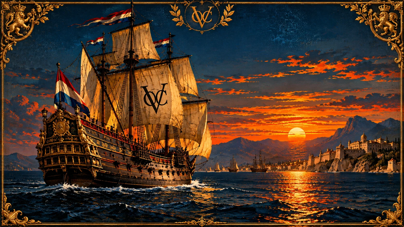 An ornate VOC sailing ship with Dutch flags crosses blue water at sunset, surrounded by a decorative gold border.